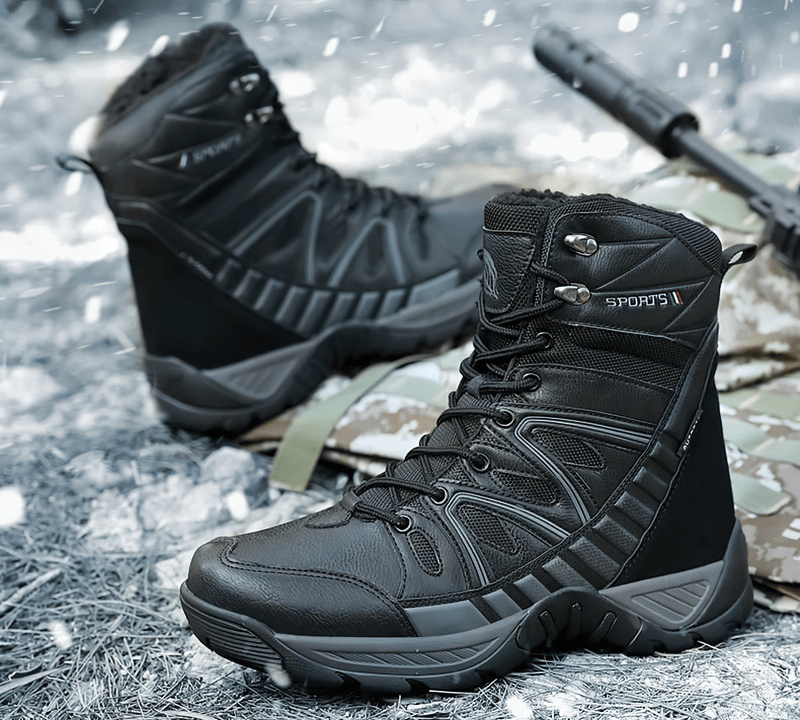 Waterproof leather anti-slip military snow boots with warm plush, showcasing rugged design on snowy ground.